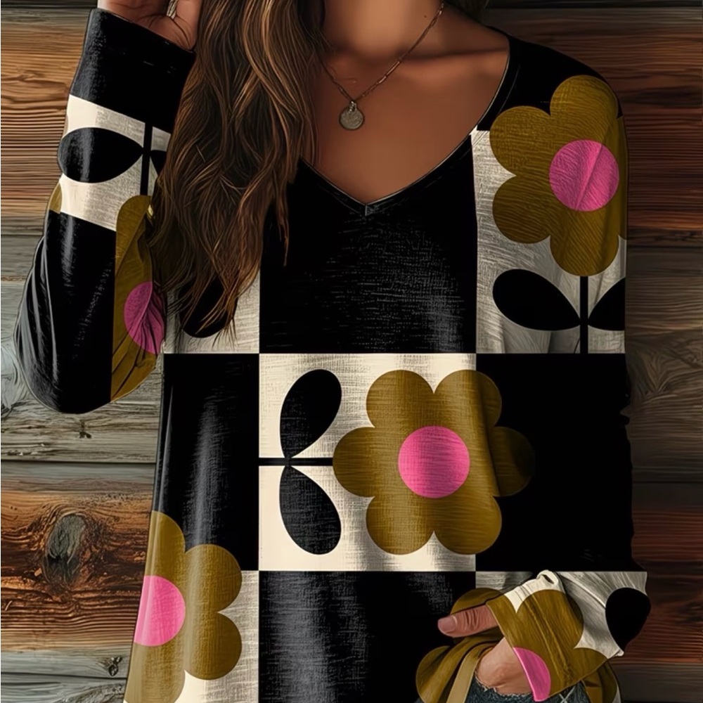 Women’s Boutique Flower Patchwork Long Sleeved V-… - image 3